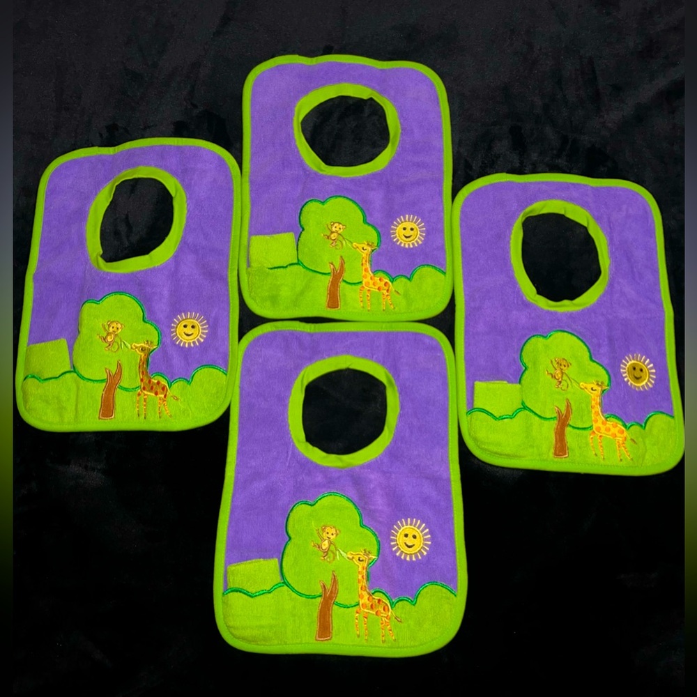 Norwex Toddler Bibs (4) Microfiber Jungle Animals, Purple, Green, Blue NWOT